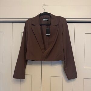Pieces Chocolate Brown Cropped Blazer | Quiet Luxury Minimalist Jacket (XL, NWT)